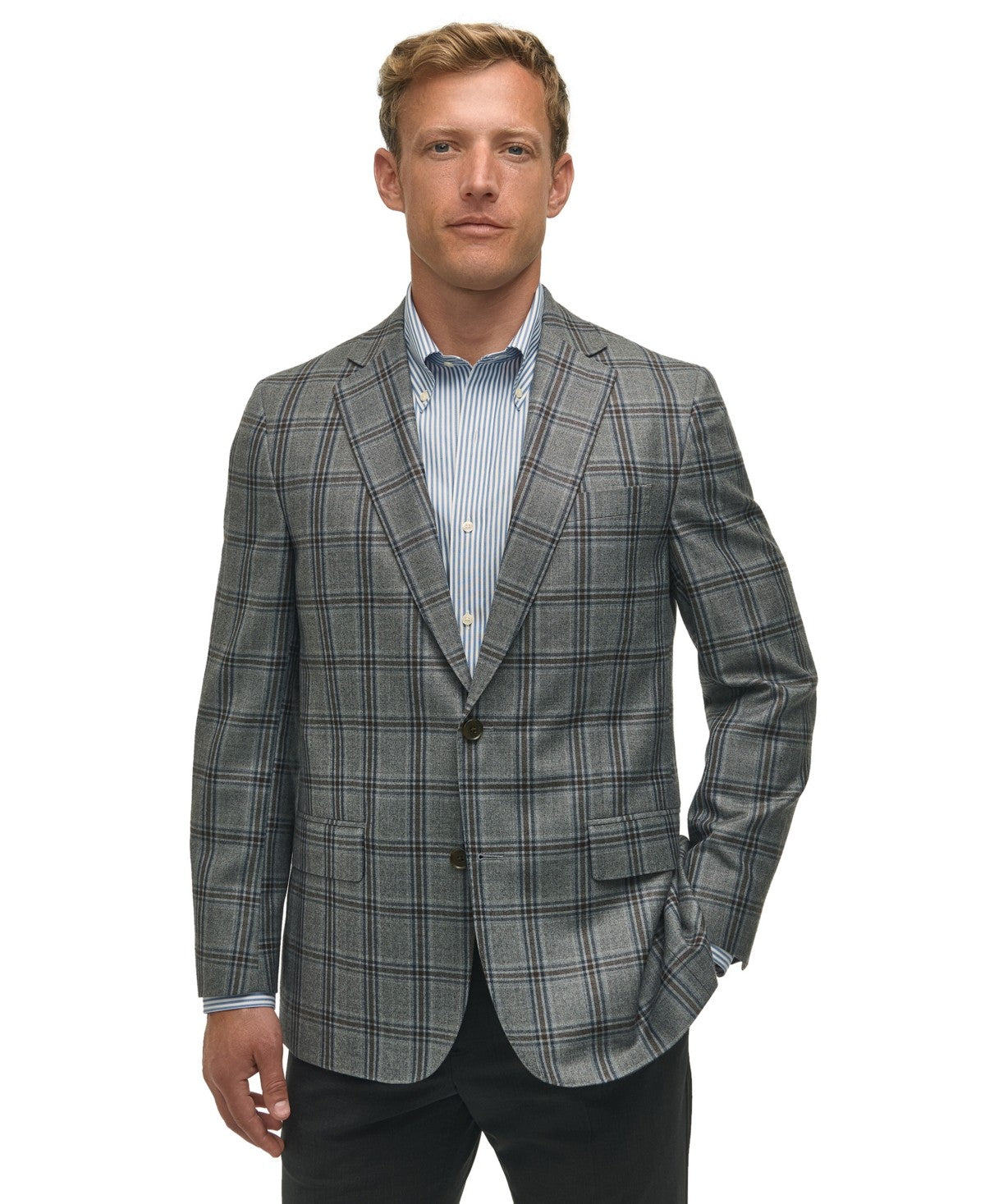 Brooks Brothers Mens Classic fit Sport Coat Blazer 46 S Blue Grey Plaid Stretch