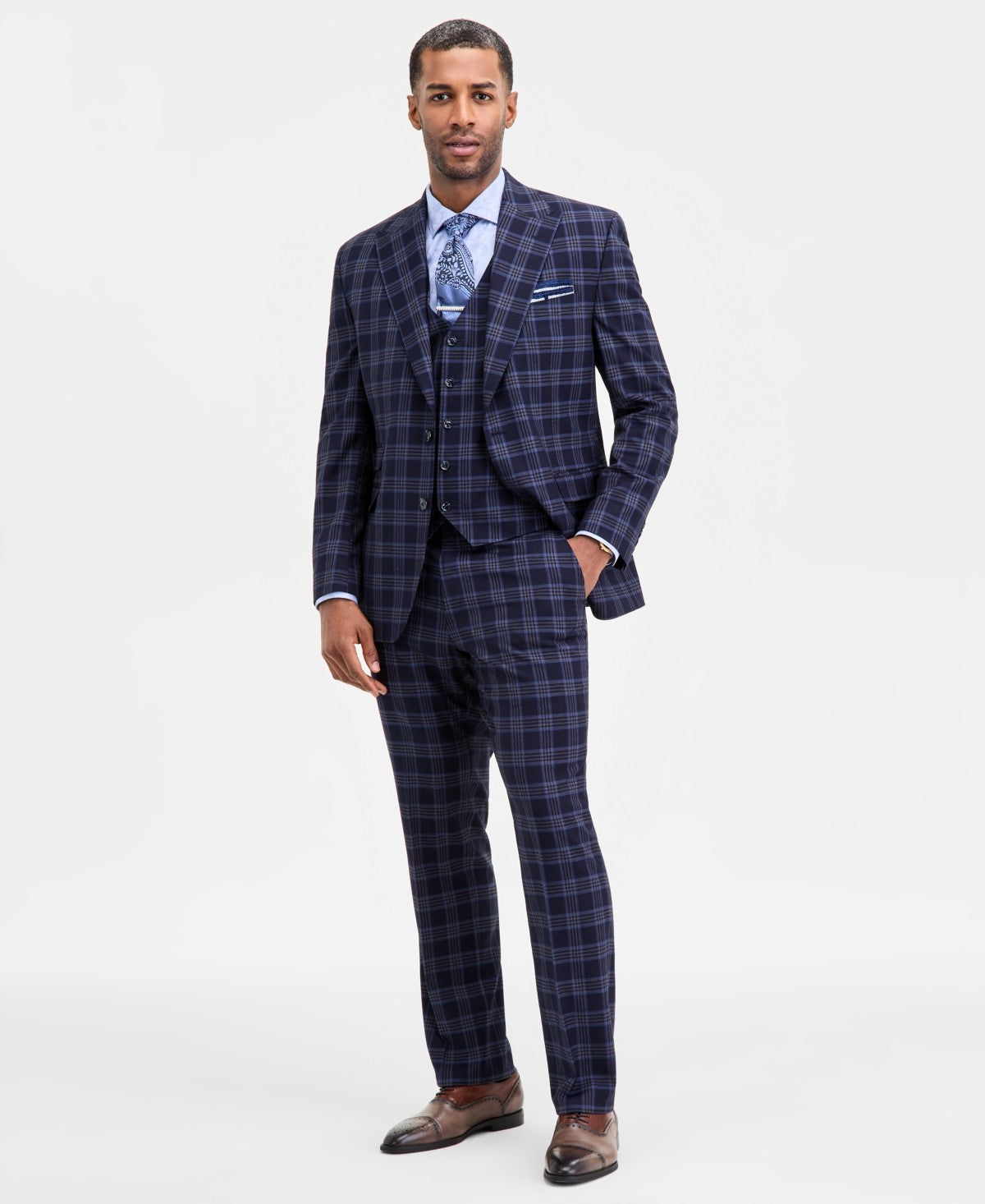 Tayion Mens Classic fit Suit Jacket Blazer 40 R Blue Plaid