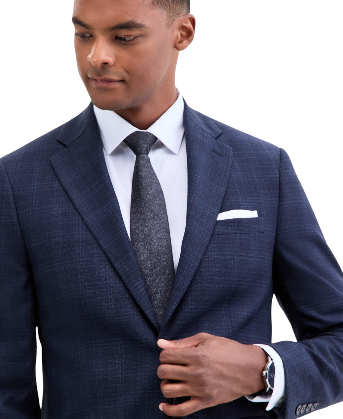 Calvin Klein Mens Slim fit Wool Knit Suit Jacket Blazer 44 S Navy Blue Plaid
