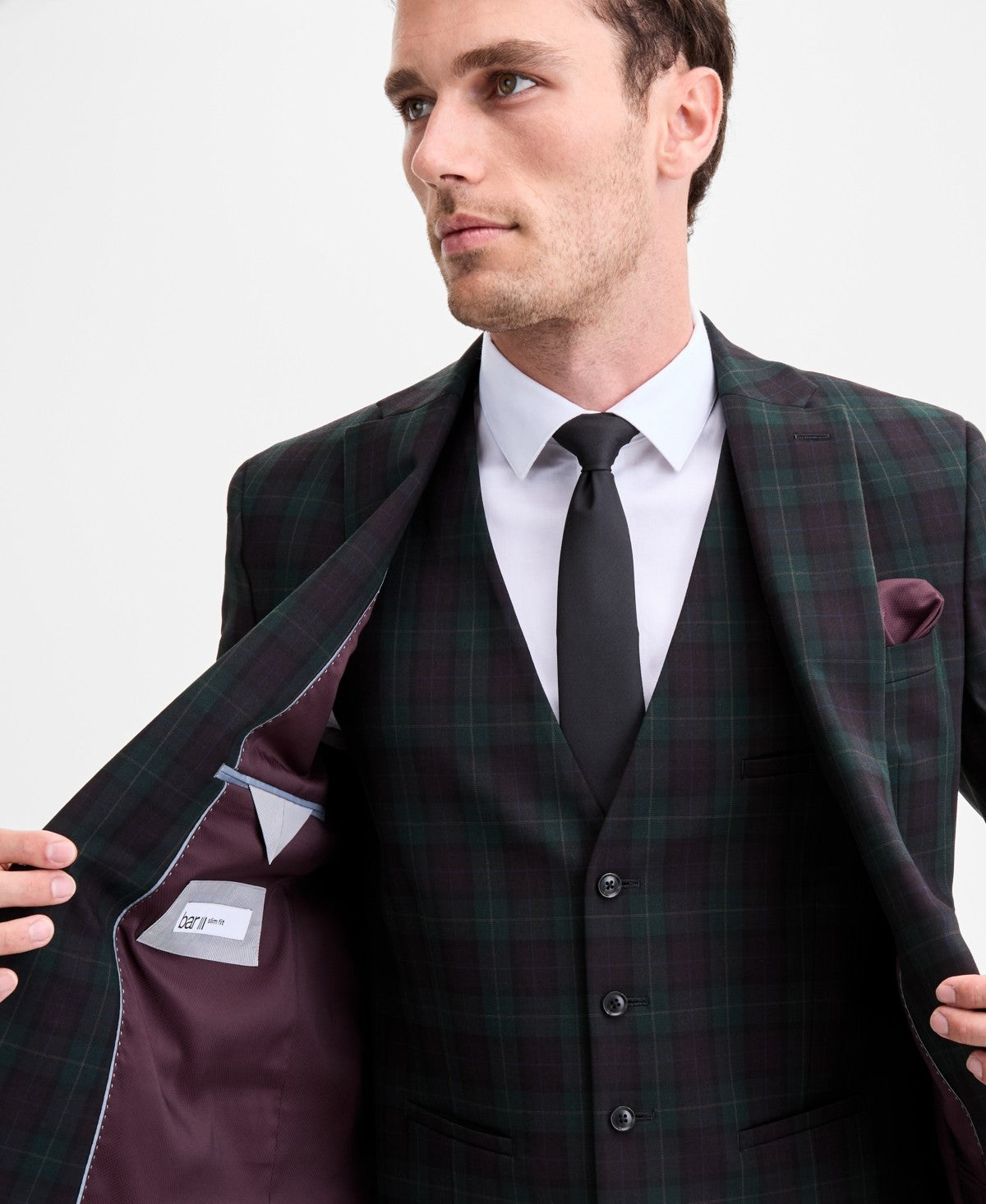 Bar III Mens Slim fit Suit Jacket Blazer 38 R Green Burgundy Plaid