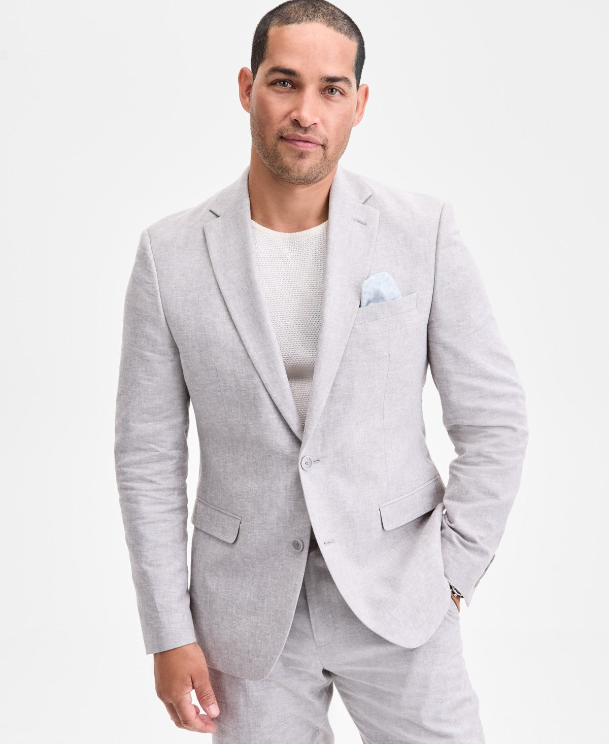 Bar Iii Mens Slim fit Linen Cotton Suit Jacket Blazer 44 R Light Gray Solid