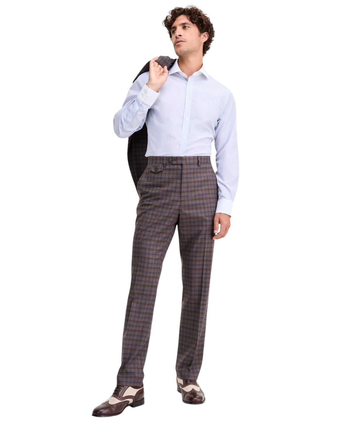 Tayion Mens Modern fit Dress Pants 44 / 30 Brown Blue Plaid