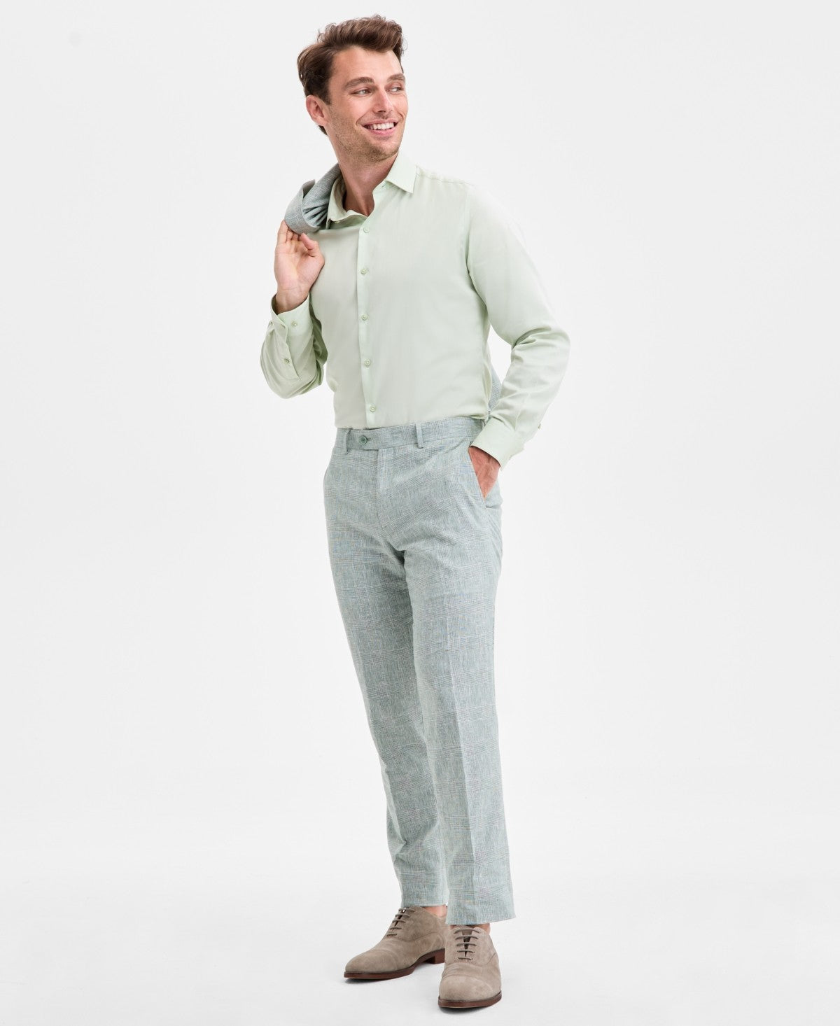Bar Iii Mens Slim fit Linen Dress Pants 34 / 34 Green Plaid