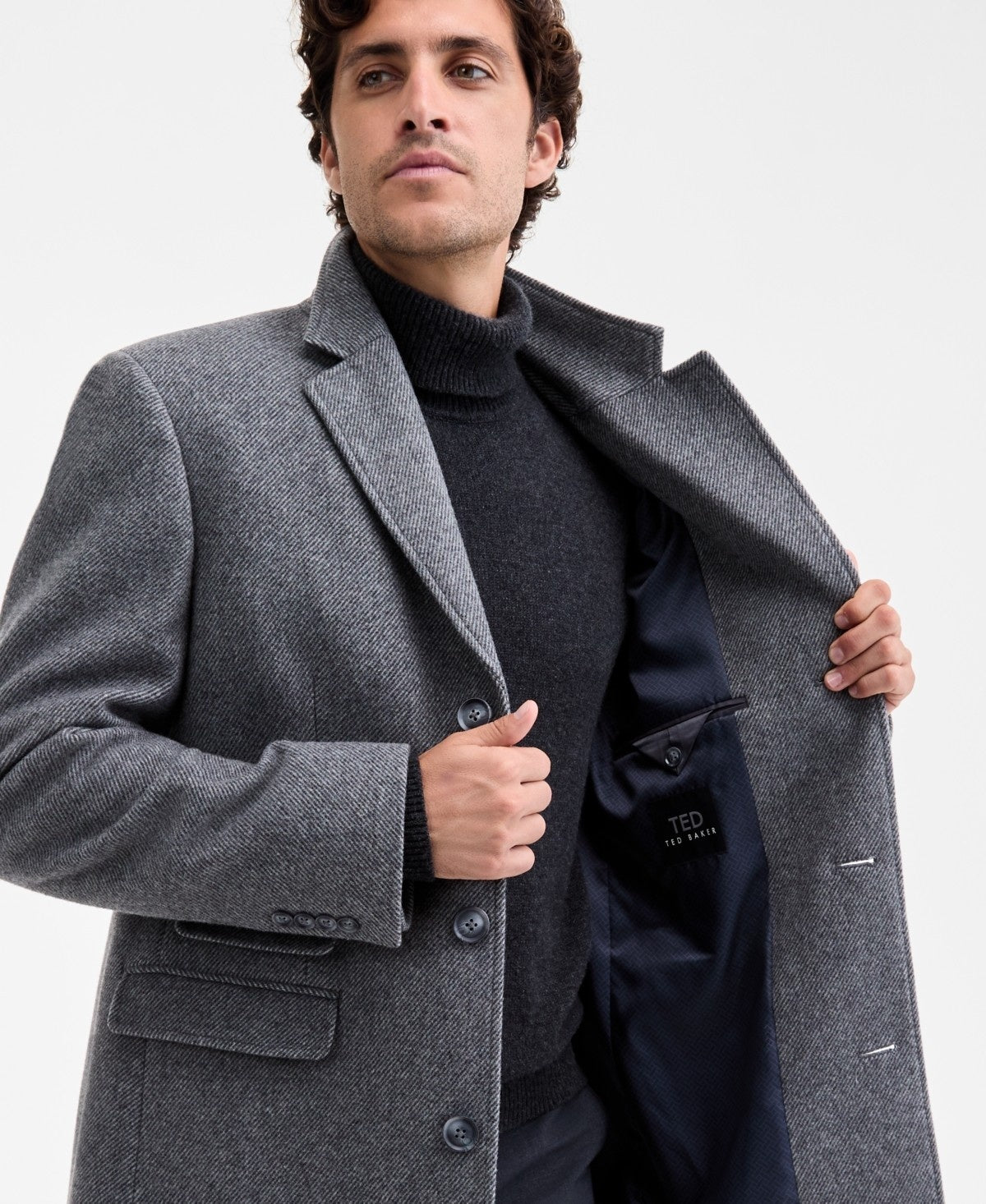 Ted Baker Mens Classic-Fit Twill Wool Overcoat Coat 38R Grey
