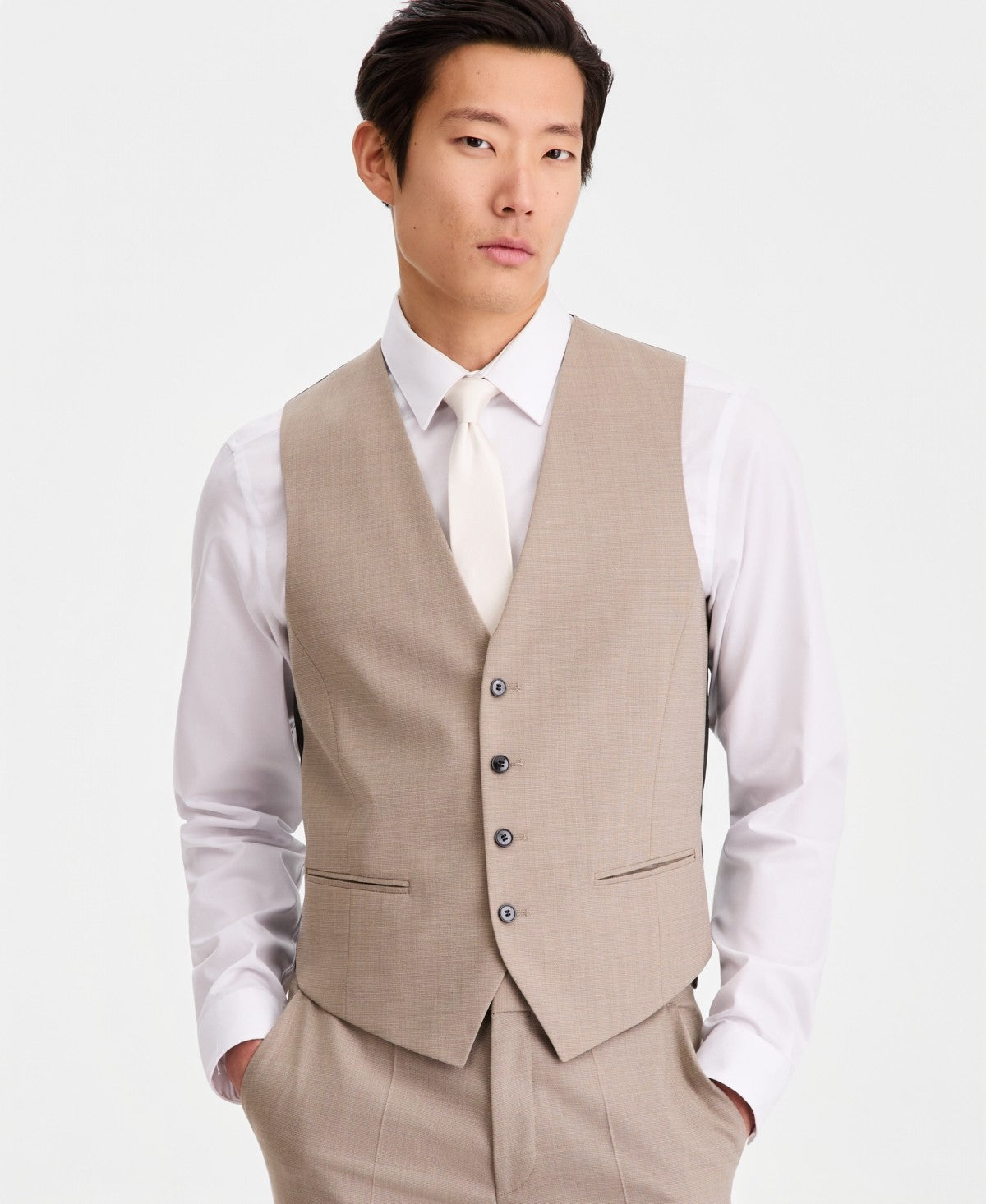 Hugo Boss Mens Modern-Fit Suit Vest 46 R Tan Medium Beige