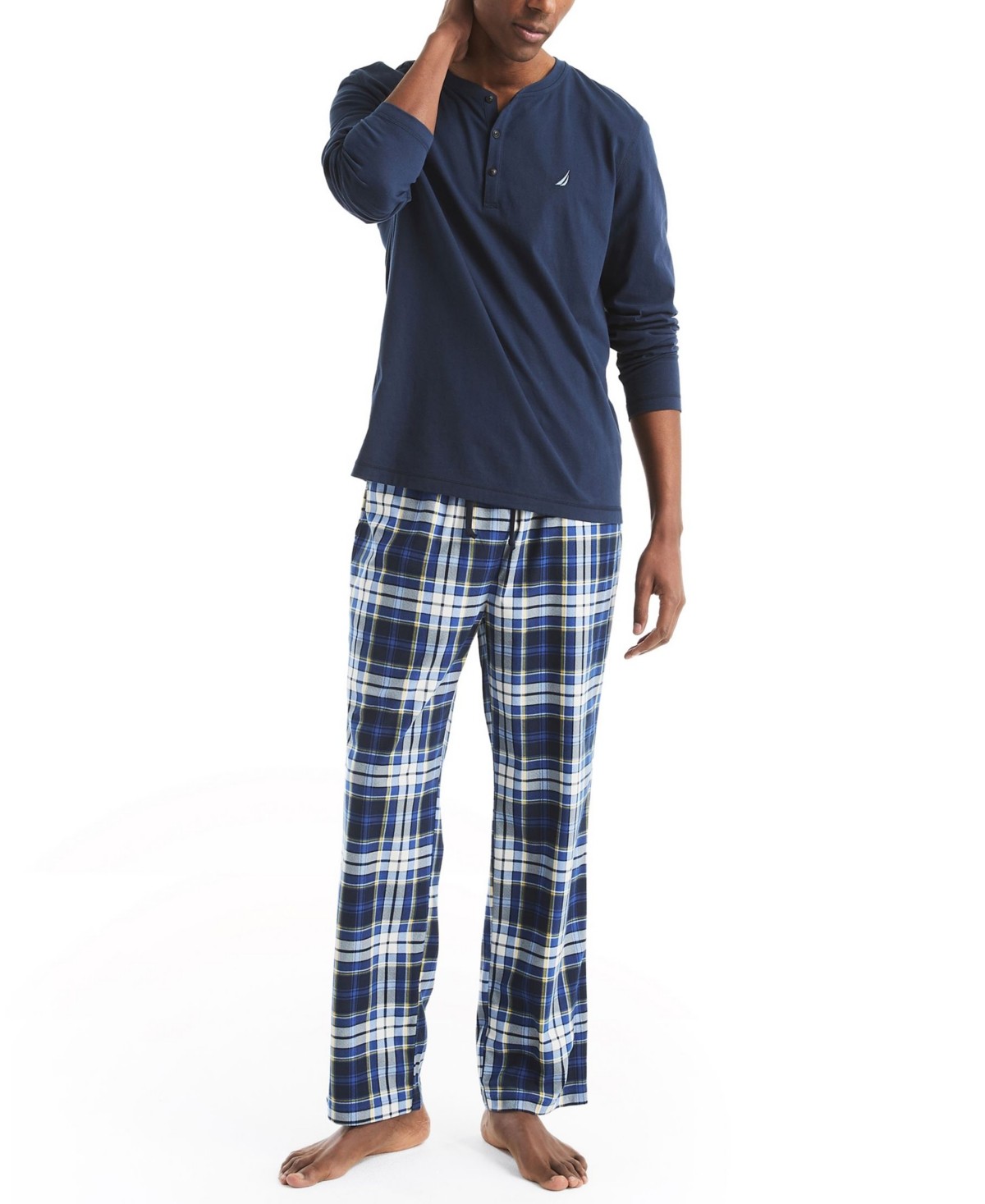 Nautica Mens Fleece Plaid Pajama Pants Navy Seas Large
