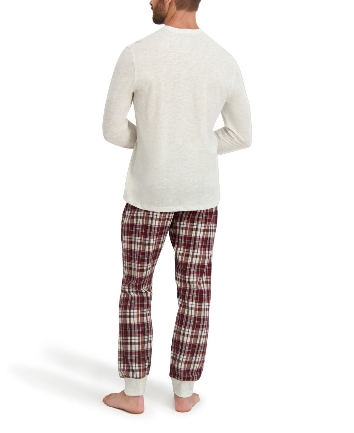 Hanes Mens Flannel Plaid Long Sleeve 2 Piece Pajama Set Oatmeal/Red Plaid Large