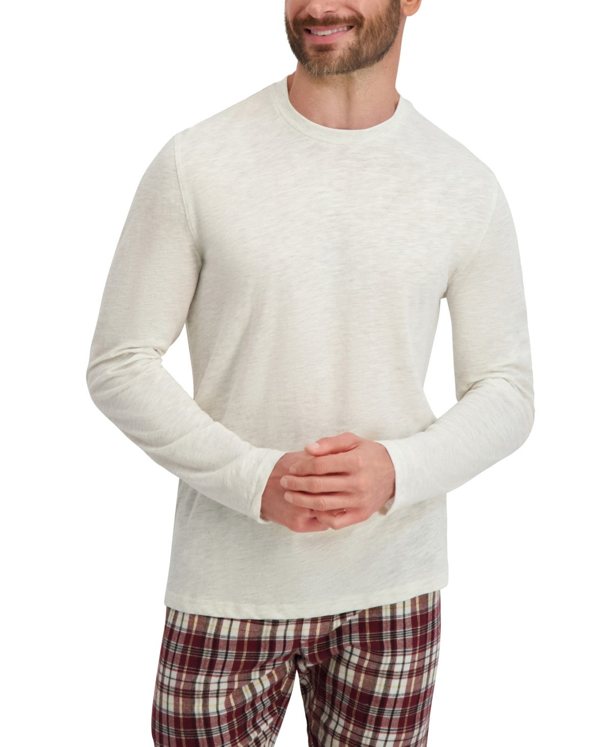 Hanes Mens Flannel Plaid Long Sleeve 2 Piece Pajama Set Oatmeal/Red Plaid Medium