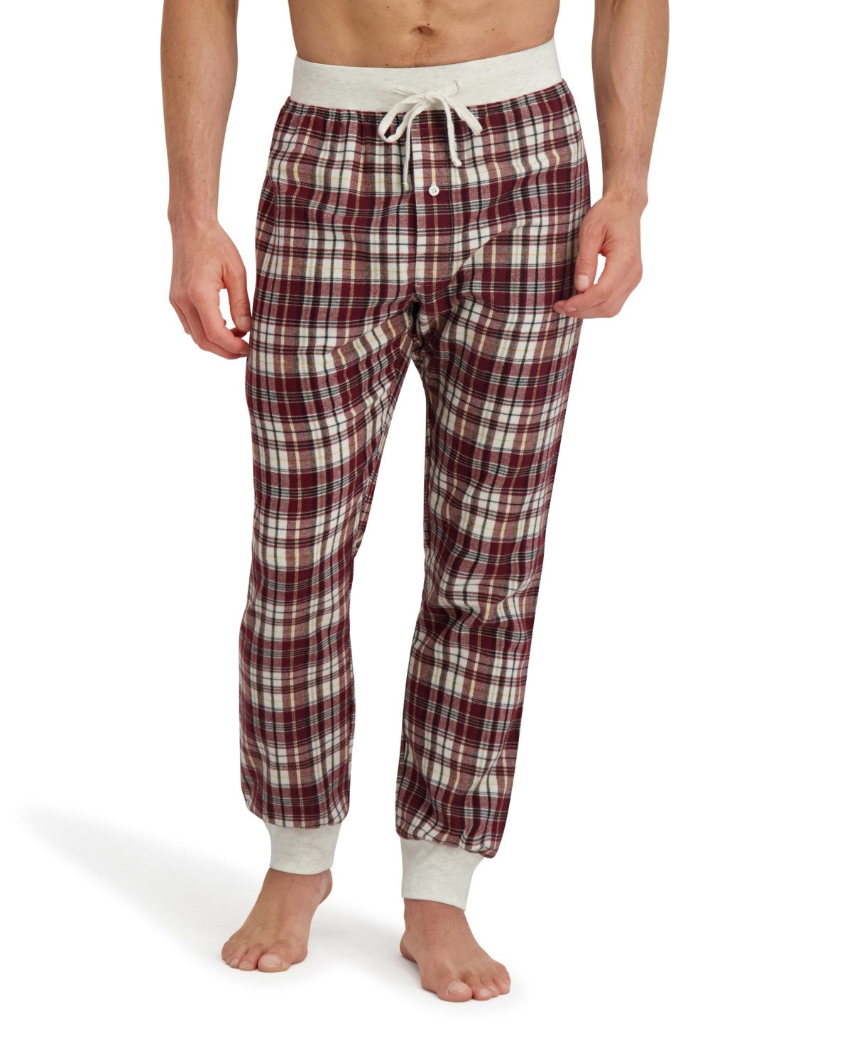Hanes Mens Flannel Plaid Long Sleeve 2 Piece Pajama Set Oatmeal/Red Plaid Medium