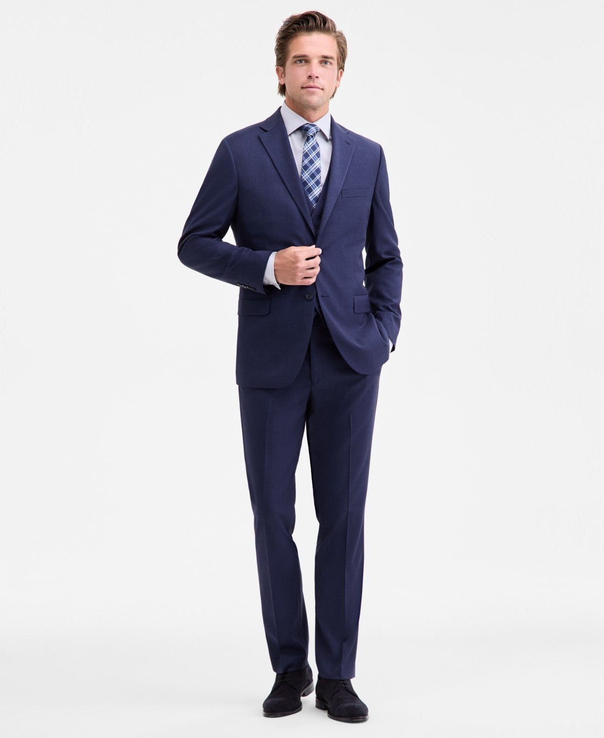 Dkny Mens Modern fit 3 Piece Vested Suit 48 R / 42 Waist Navy Blue Solid Stretch