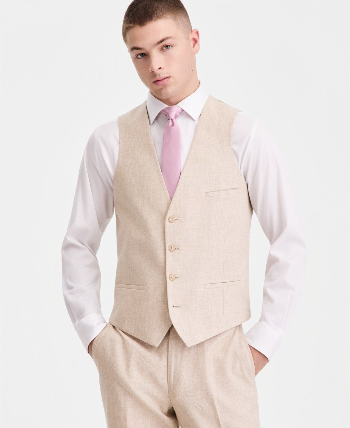 Bar Iii Men's Slim-Fit Linen-Blend Suit Separates Vest XL Light Tan