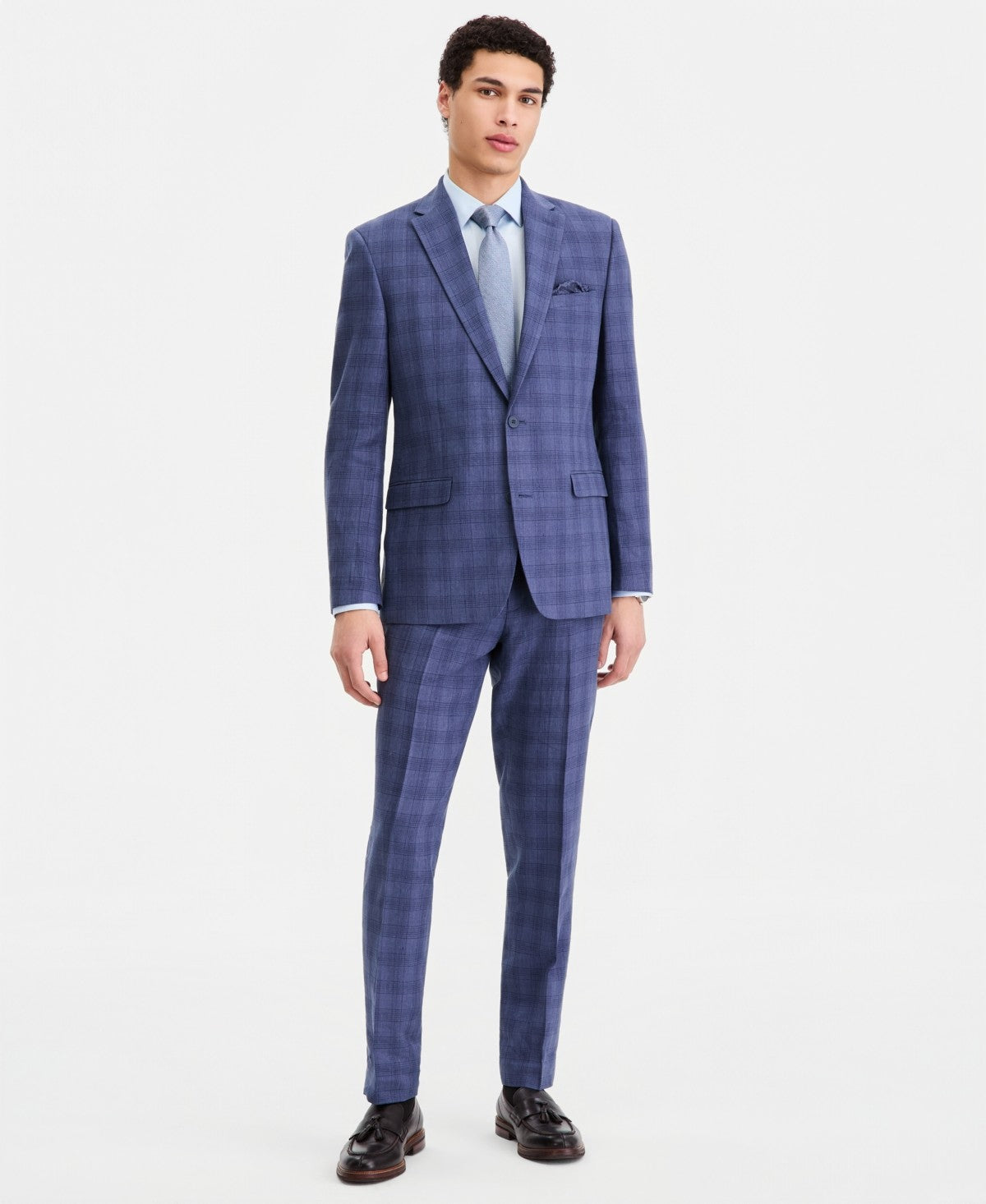Bar Iii Mens Slim fit Linen Suit Jacket Blazer 46 L Blue Plaid