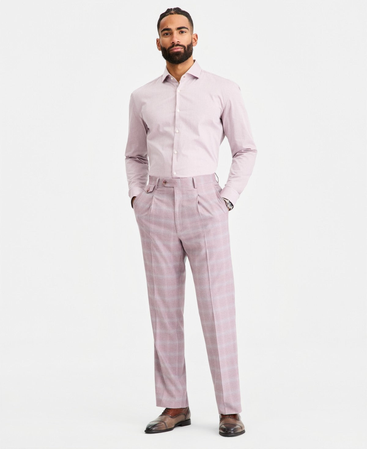 Tayion Mens Classic fit Dress Pants 32 / 30 Pink Plaid