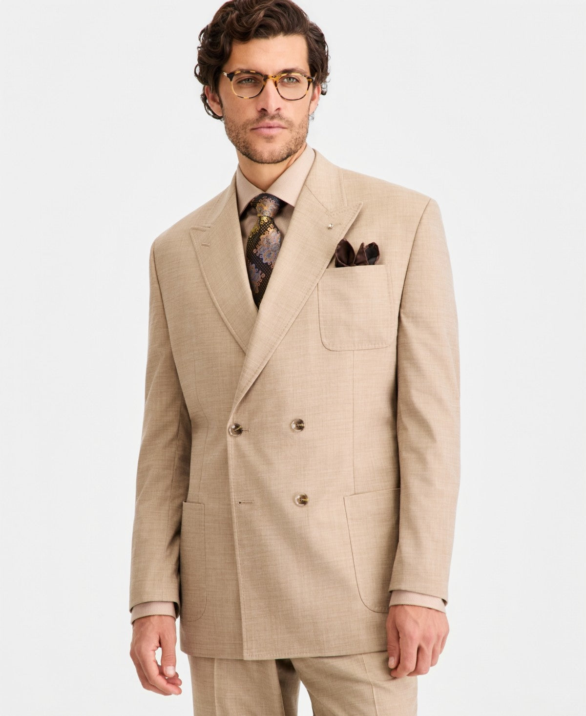 Tayion Collection Men's Classic-Fit Double Breasted Suit Jacket 50 L Light Tan