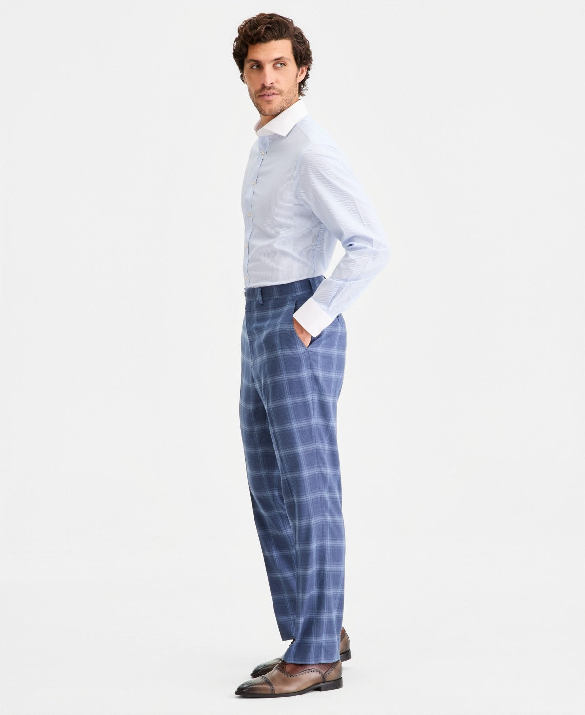 Tayion Collection Mens Classic fit Dress Pants 44 / 30 Navy Plaid