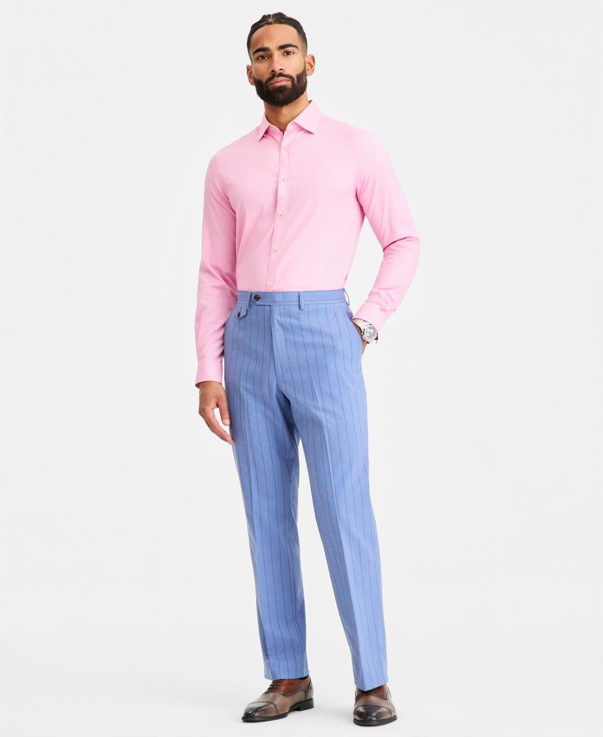 Tayion Mens Classic fit Dress Pants 38 / 30 Light Blue Striped