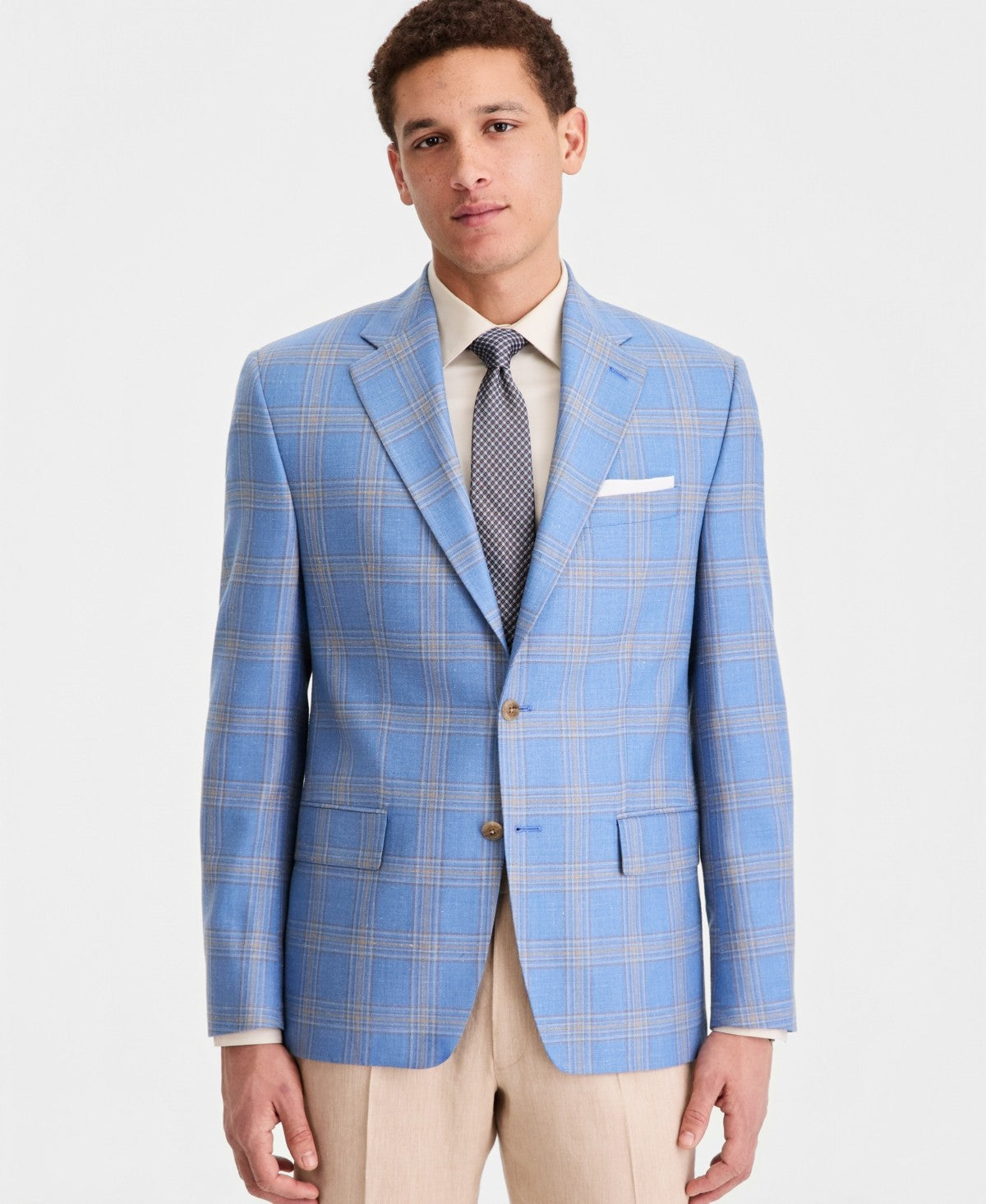 Michael Kors Mens Classic fit Wool Sport Coat Blazer 50 R Light Blue Tan Plaid