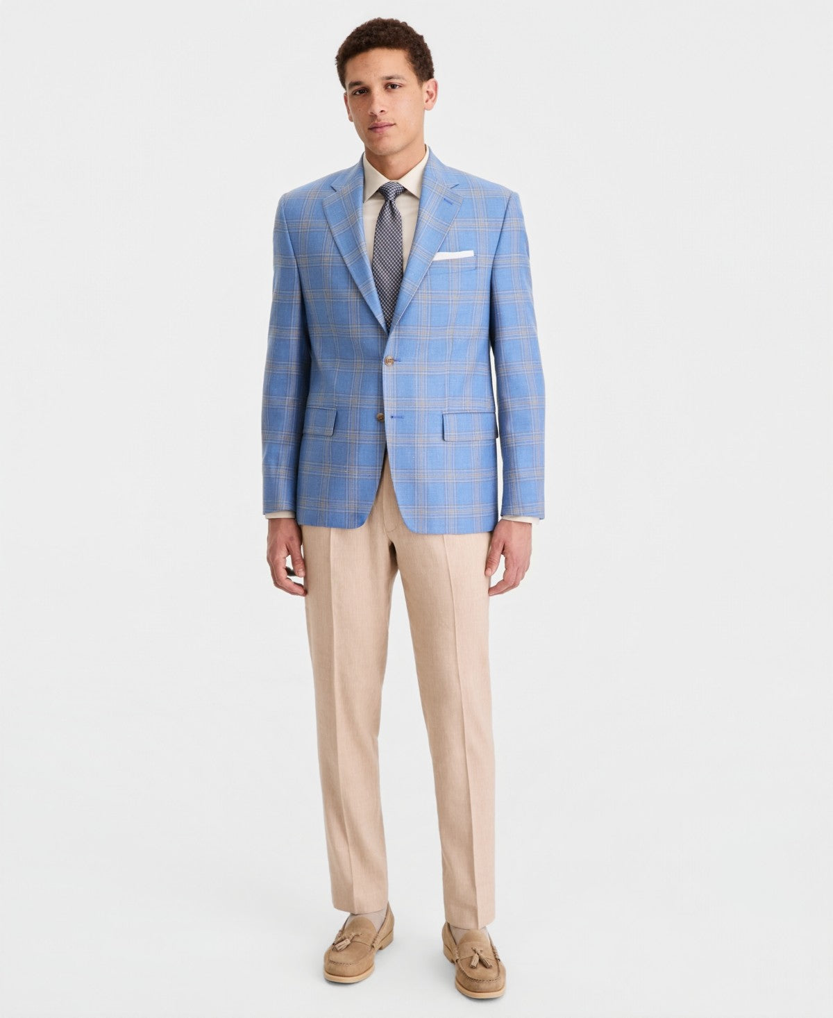 Michael Kors Mens Classic fit Wool Sport Coat Blazer 50 R Light Blue Tan Plaid