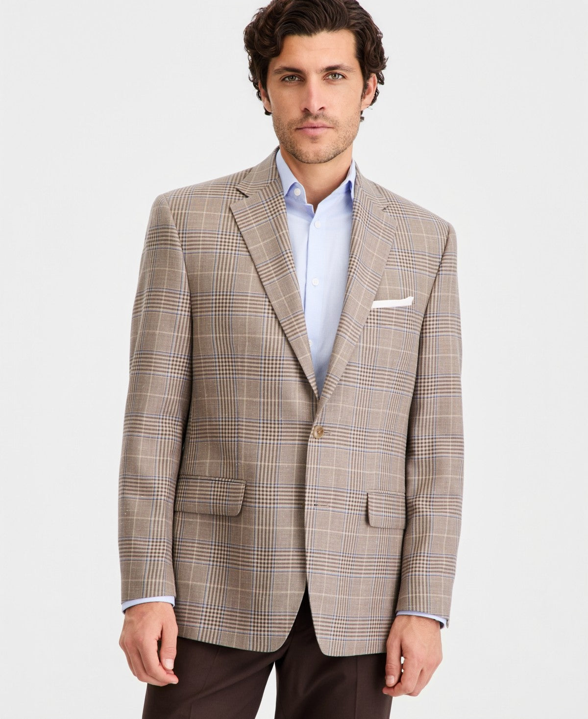 Michael Kors Mens Classic fit Wool Linen Sport Coat Blazer 46 R Brown Plaid