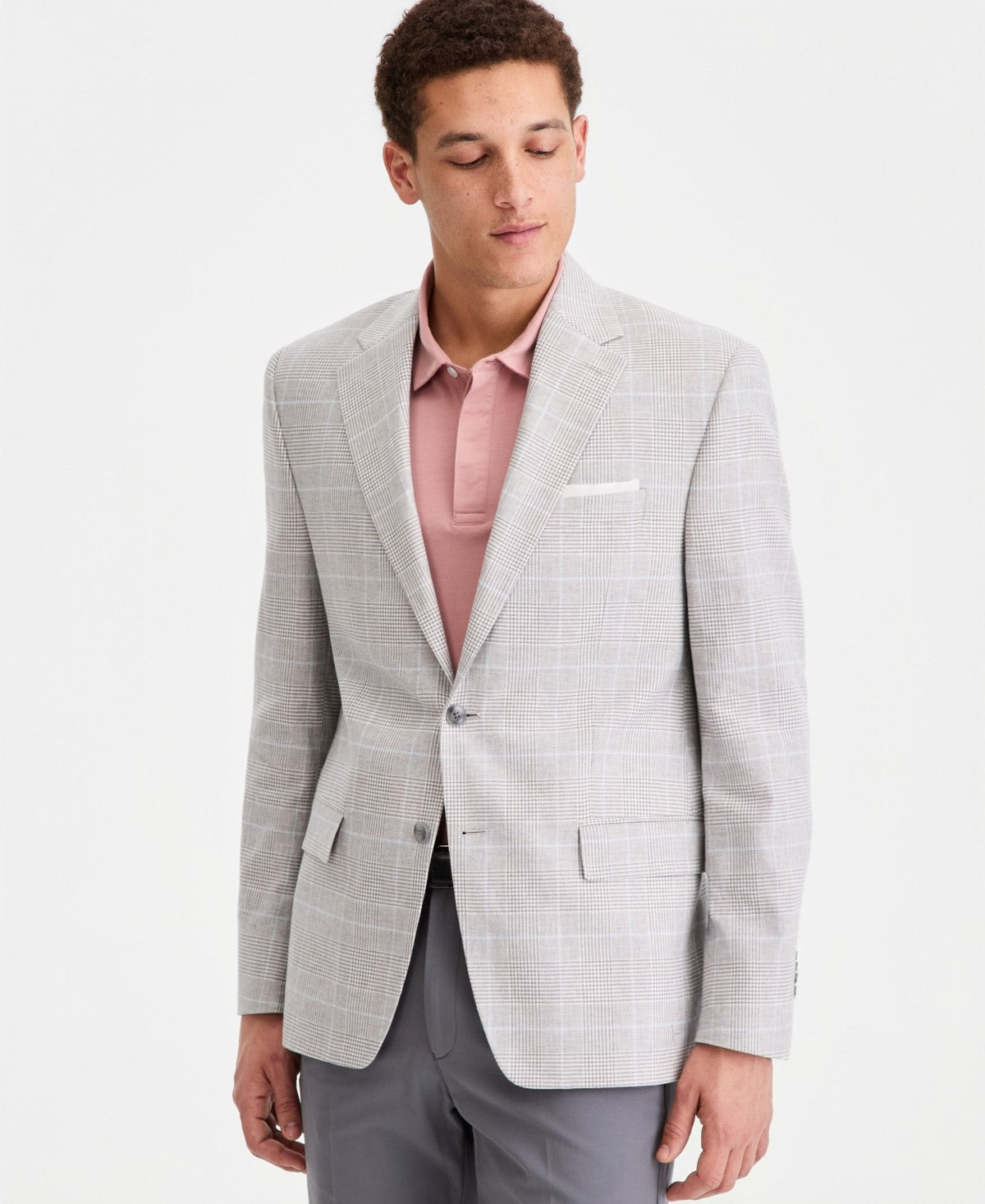 Michael Kors Mens Classic fit Sport Coat Blazer 50 L Light Grey Plaid Stretch