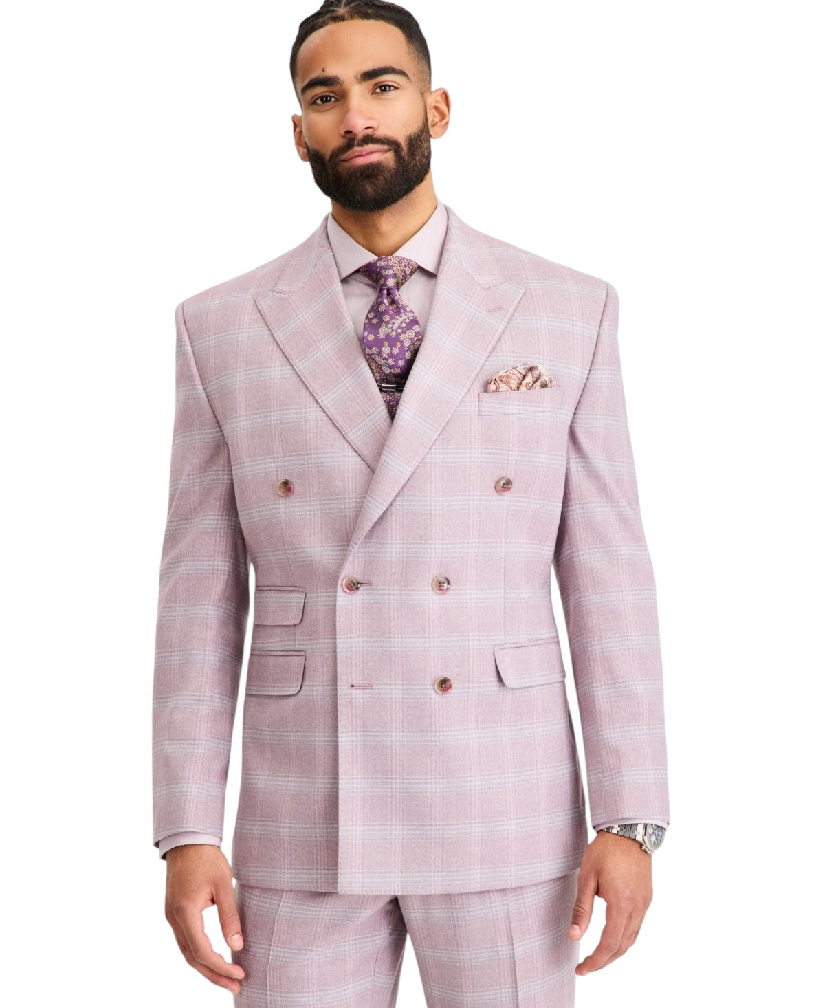 Tayion Mens Classic fit Double Breasted Suit Jacket Blazer 44 L Pink Plaid