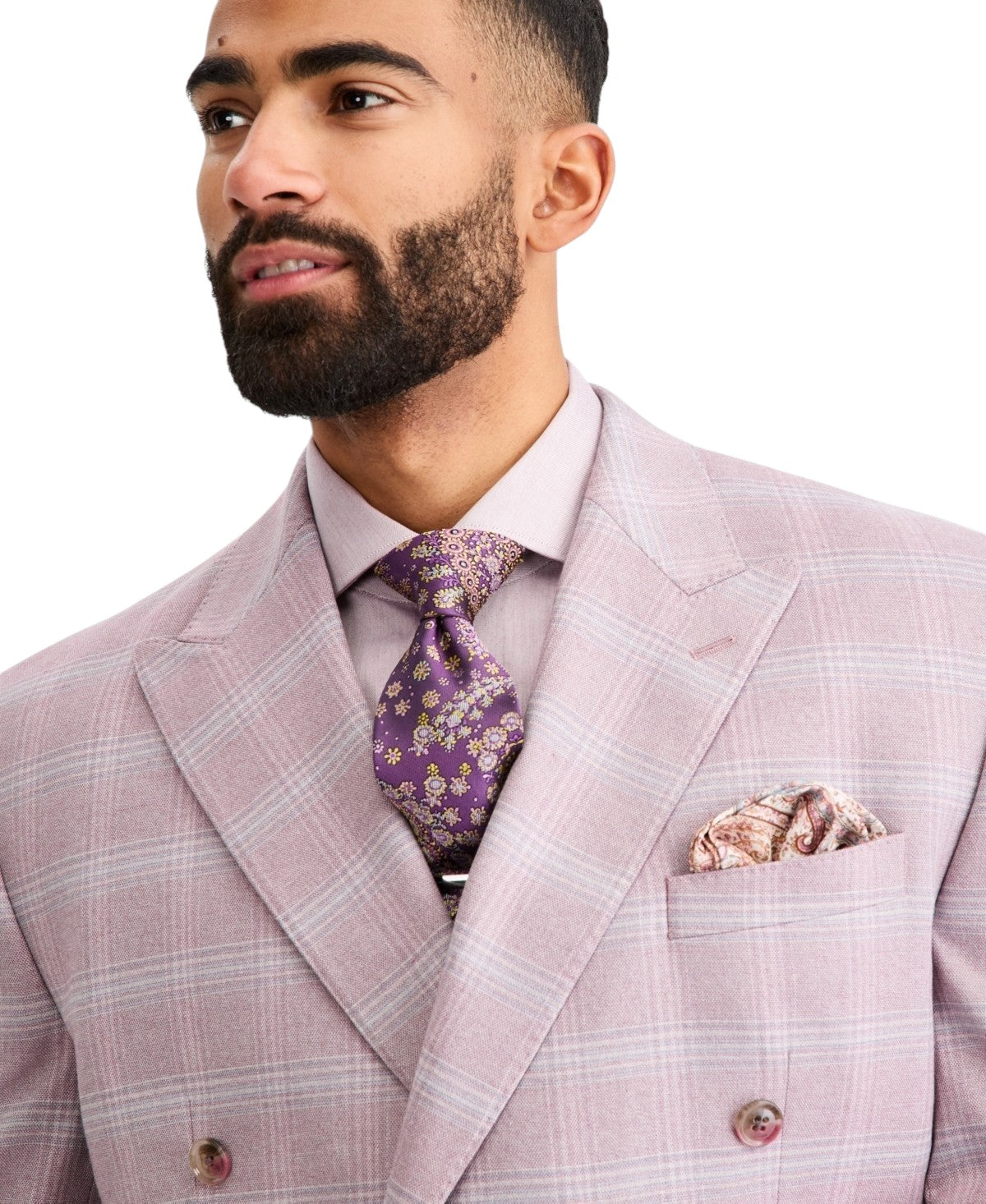 Tayion Mens Classic fit Double Breasted Suit Jacket Blazer 44 L Pink Plaid