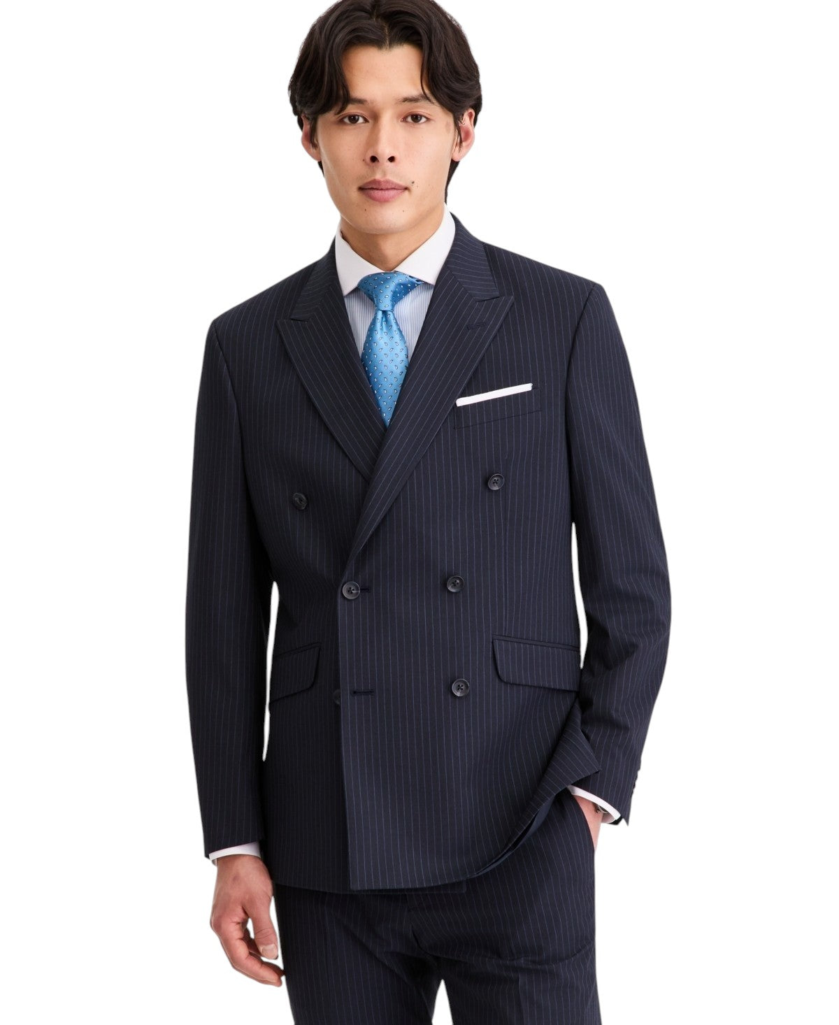 Kenneth Cole Men's Slim-Fit Double-Breasted Pinstripe Suit Jacket 38 S Navy