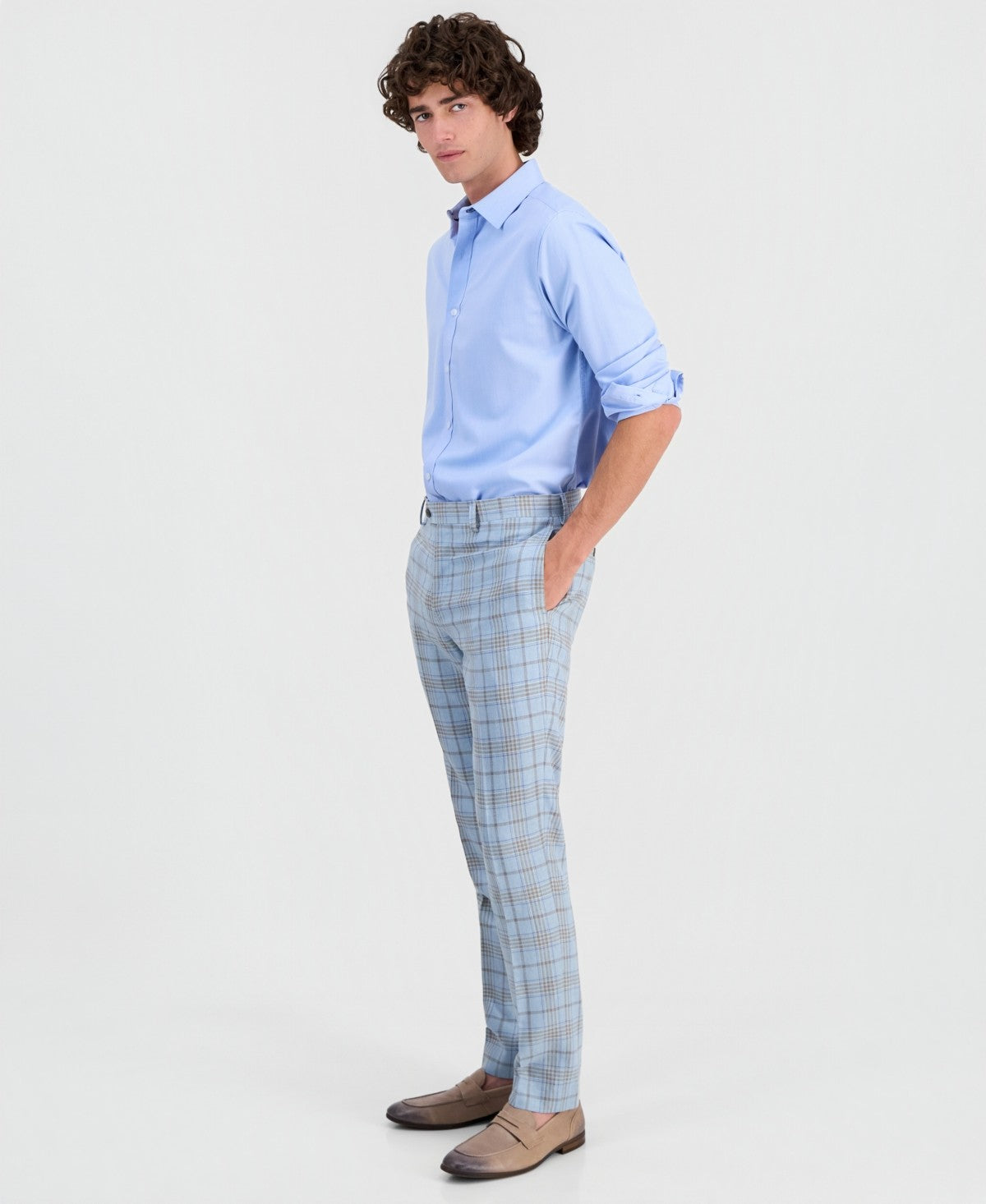 Talllia Mens Slim fit Linen Dress Pants 36 / 32 Mint Green Plaid