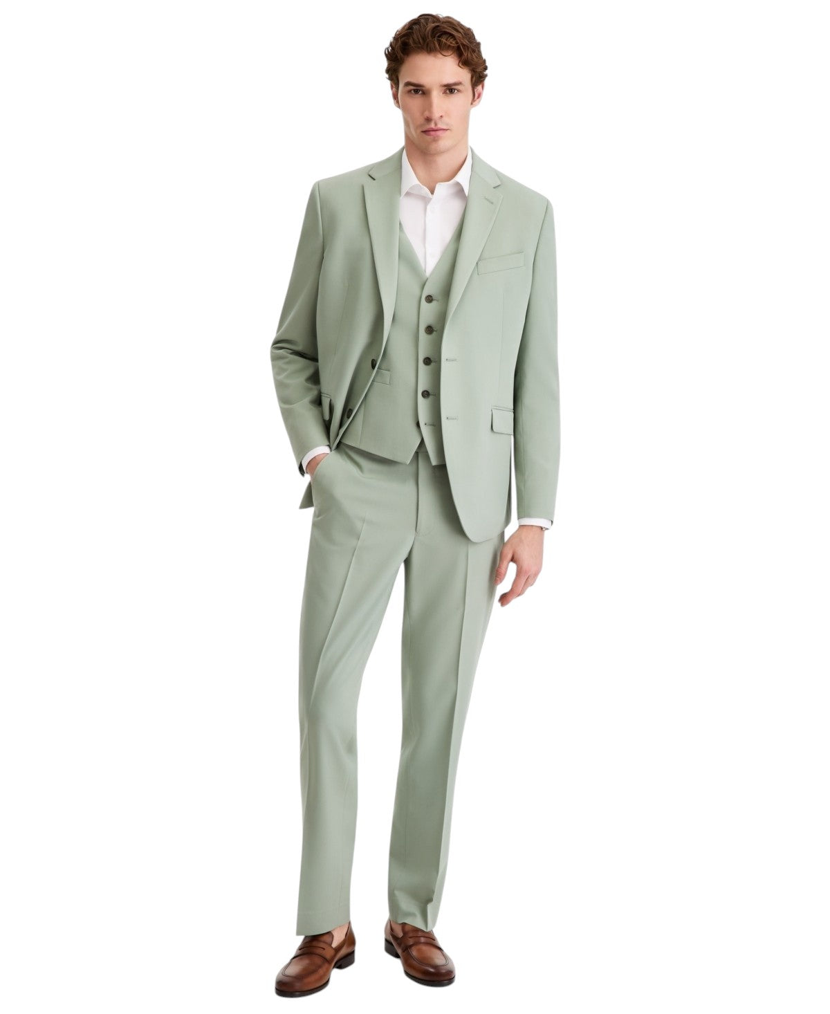 Kenneth Cole Mens Slim fit 3 Piece Vested Suit 38 R Pants 31 / 32 Light Green