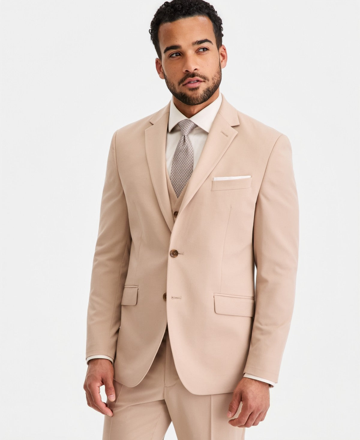 Kenneth Cole Mens Slim fit 3 Piece Vested Suit 38 S Pants 31 / 32 Beige