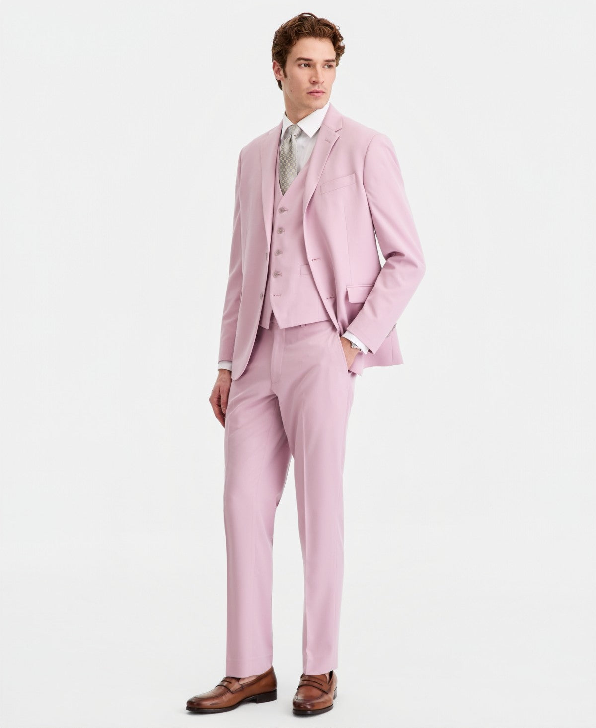 Kenneth Cole Reaction Mens Slim fit 3 Piece Vested Suit 42 S Pants 35 / 30 Pink