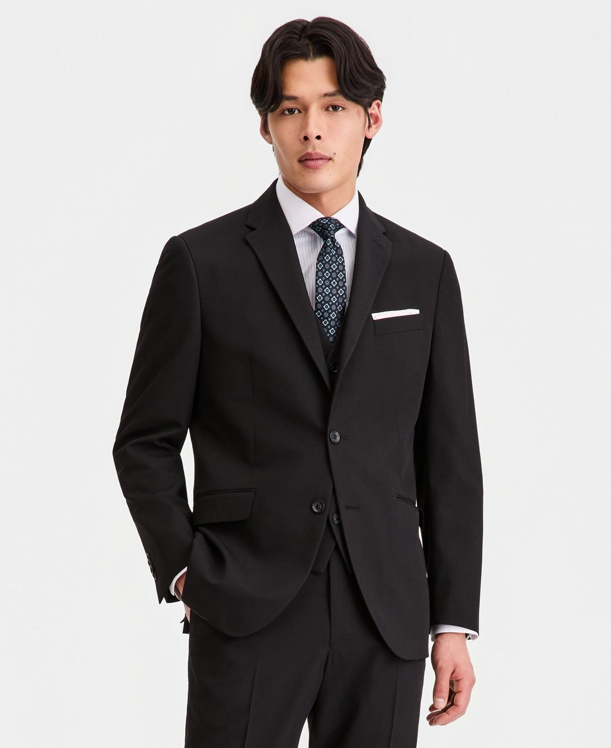 Kenneth Cole Mens Slim fit 3 Piece Suit 44 R Pants 37 / 32 Black Solid