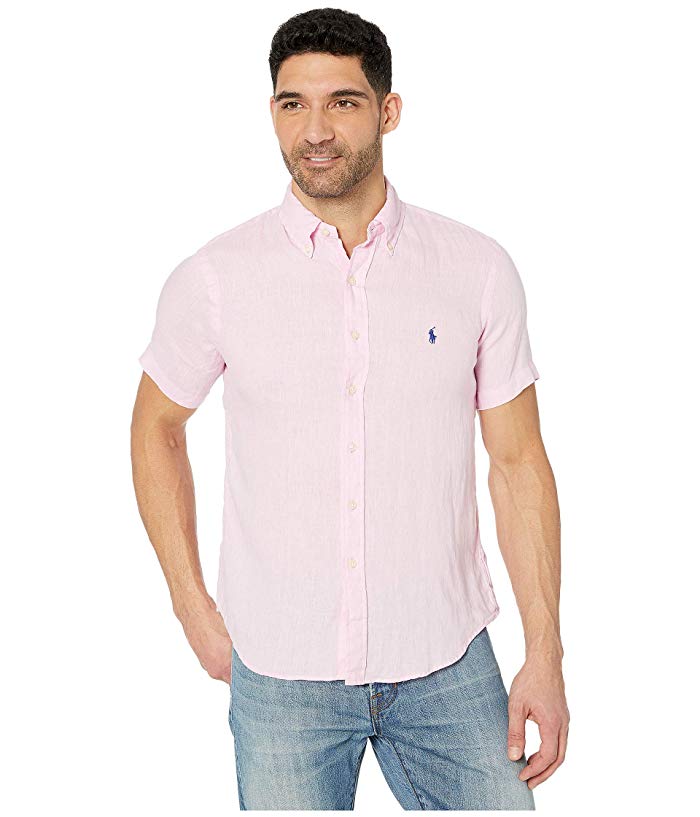 Polo Ralph Lauren Men's Short Sleeve Linen Button Down Shirt Pink XS