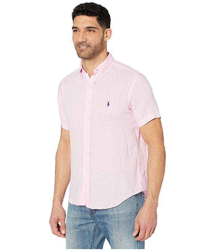 Polo Ralph Lauren Men's Short Sleeve Linen Button Down Shirt Pink XS