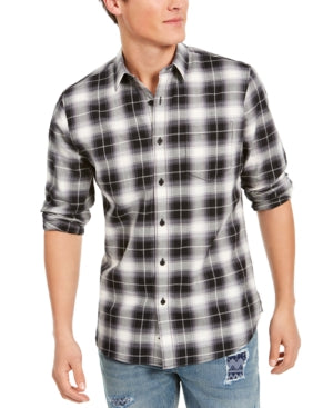 Sun Stone Men's Will Plaid Button Down Shirt Deep Black Grey White Small