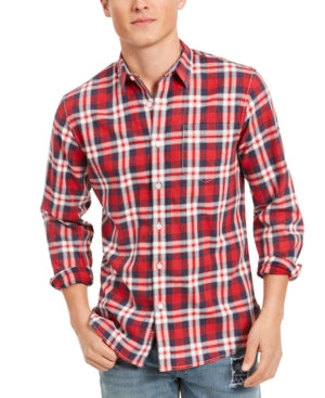 Sun + Stone Men's Garcia Plaid Button Down Shirt Red Combo Large
