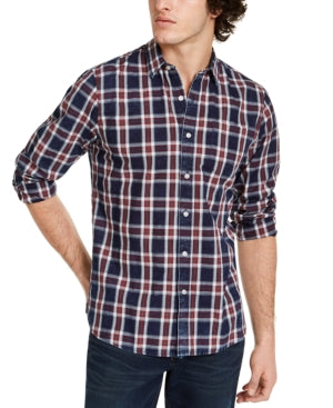 Sun + Stone Men's Dio Plaid Button Down Shirt Navy Small