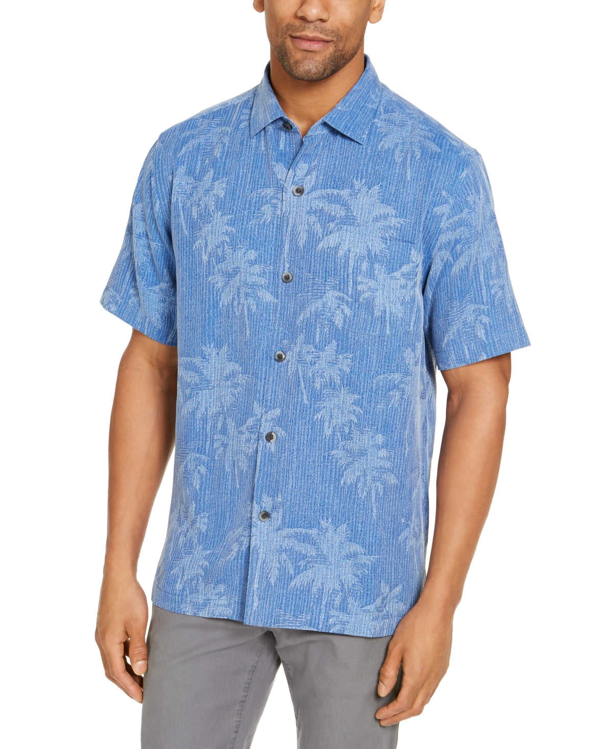 Tommy Bahama Mens Tropical Print Silk Shirt Large Cobalt Sea Blue