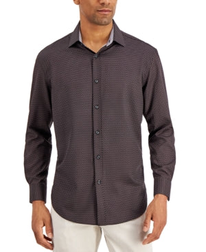 Tallia Men's Slim Fit No Iron Stretch Print Dress Shirt Black Medium