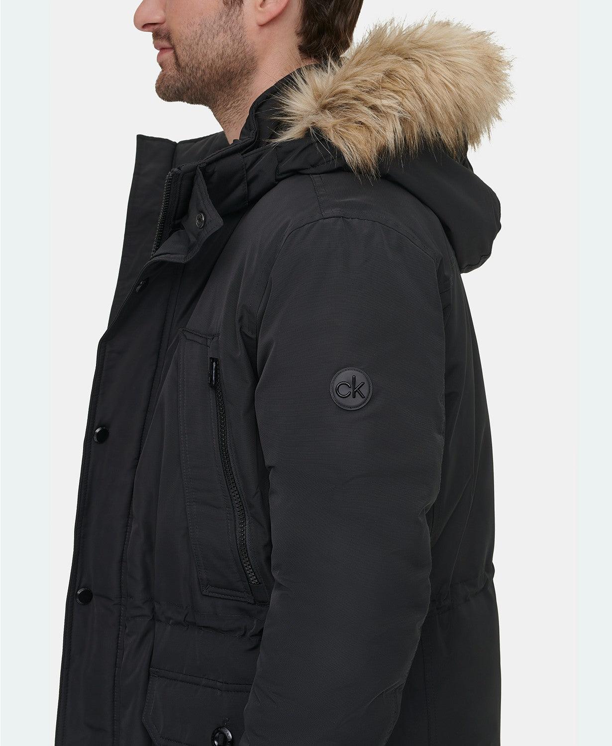 Calvin Klein Mens Regular fit Parka Snorkel Coat Medium Black Fur Trim Hood