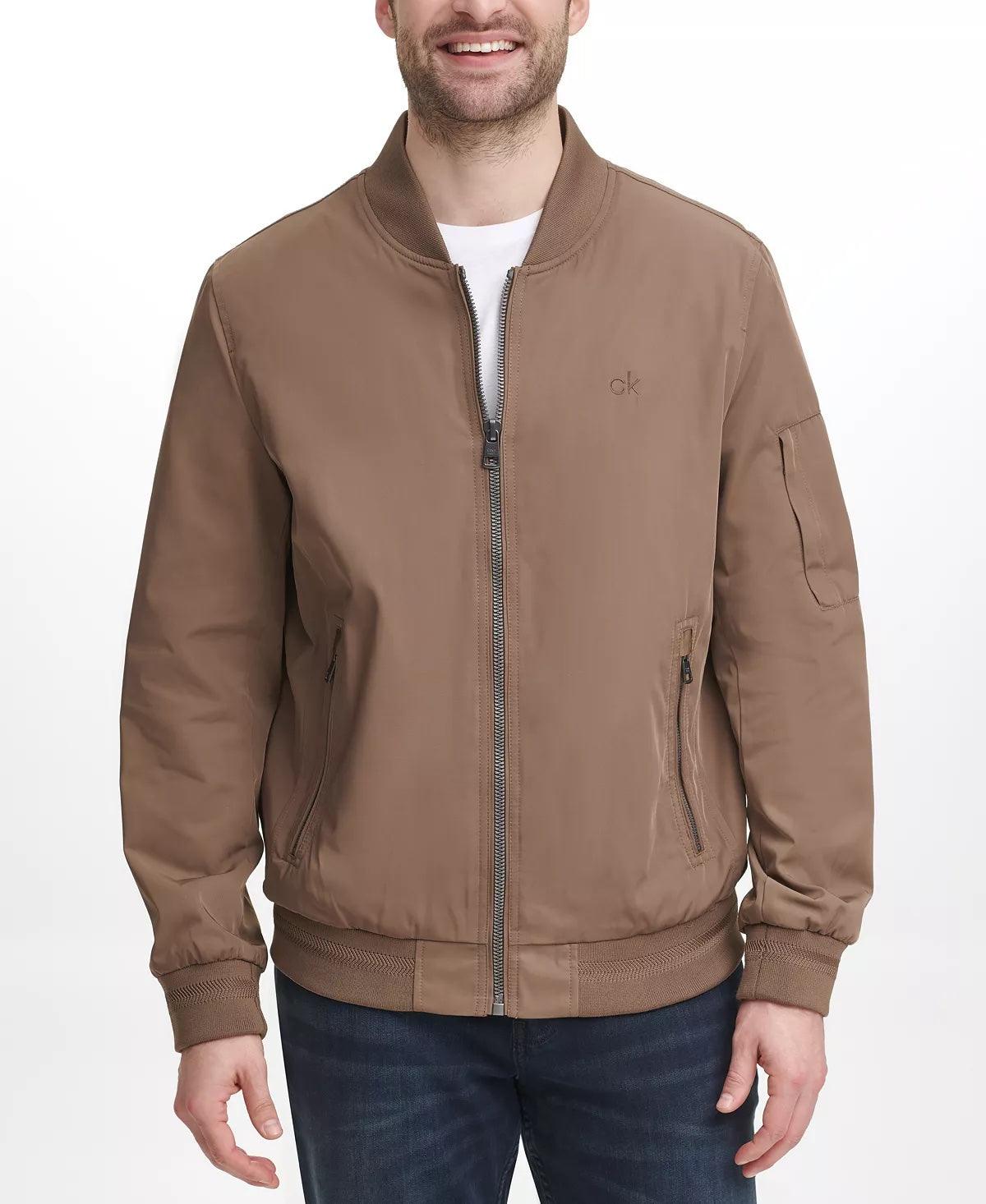 Calvin Klein Mens Full Zip Flight Jacket Dark Tan Medium