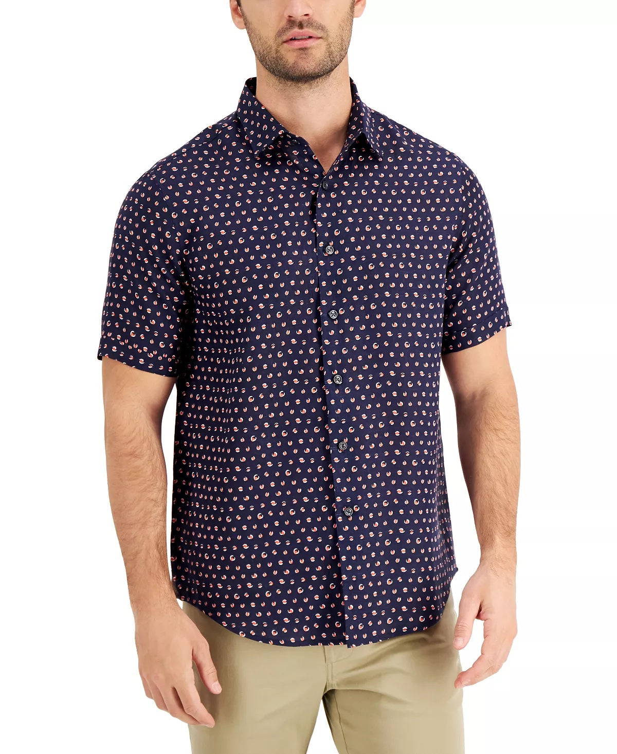 Tasso Elba Mens Regular Fit Geo Print Short Sleeve Button Down Shirt Blue XL