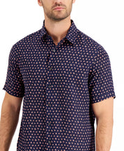 Tasso Elba Mens Regular Fit Geo Print Short Sleeve Button Down Shirt Blue XL