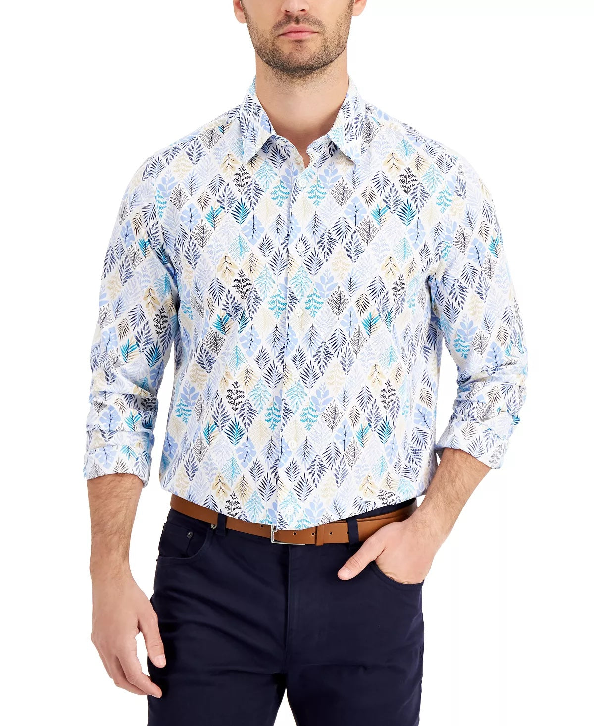 Tasso Elba Mens Dosso Leaf Printed Button Down Shirt Blue Combo 2XL