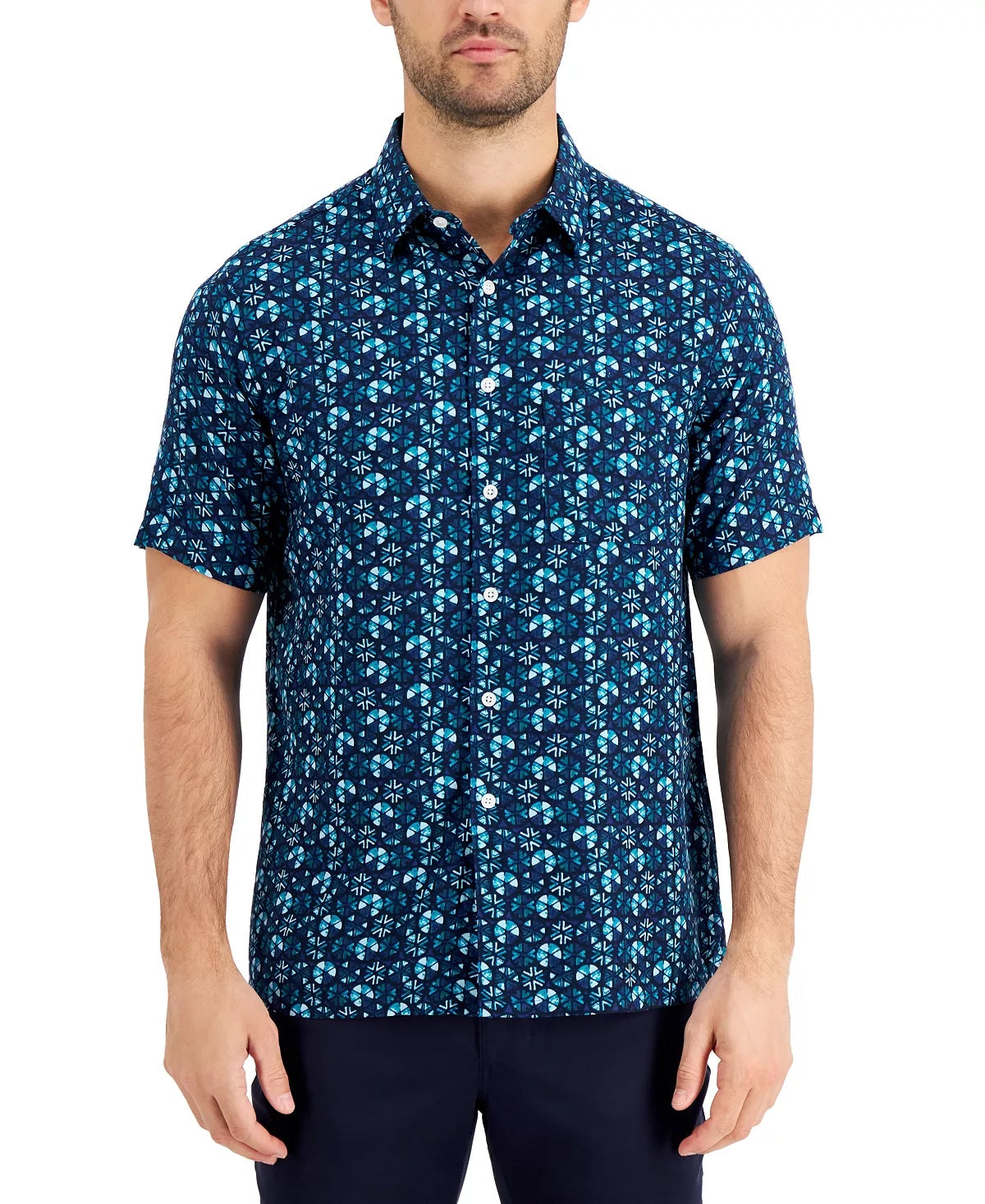 Tasso Elba Men's   Short Sleeve Button Down Shirt Blue Combo Tile  2XL