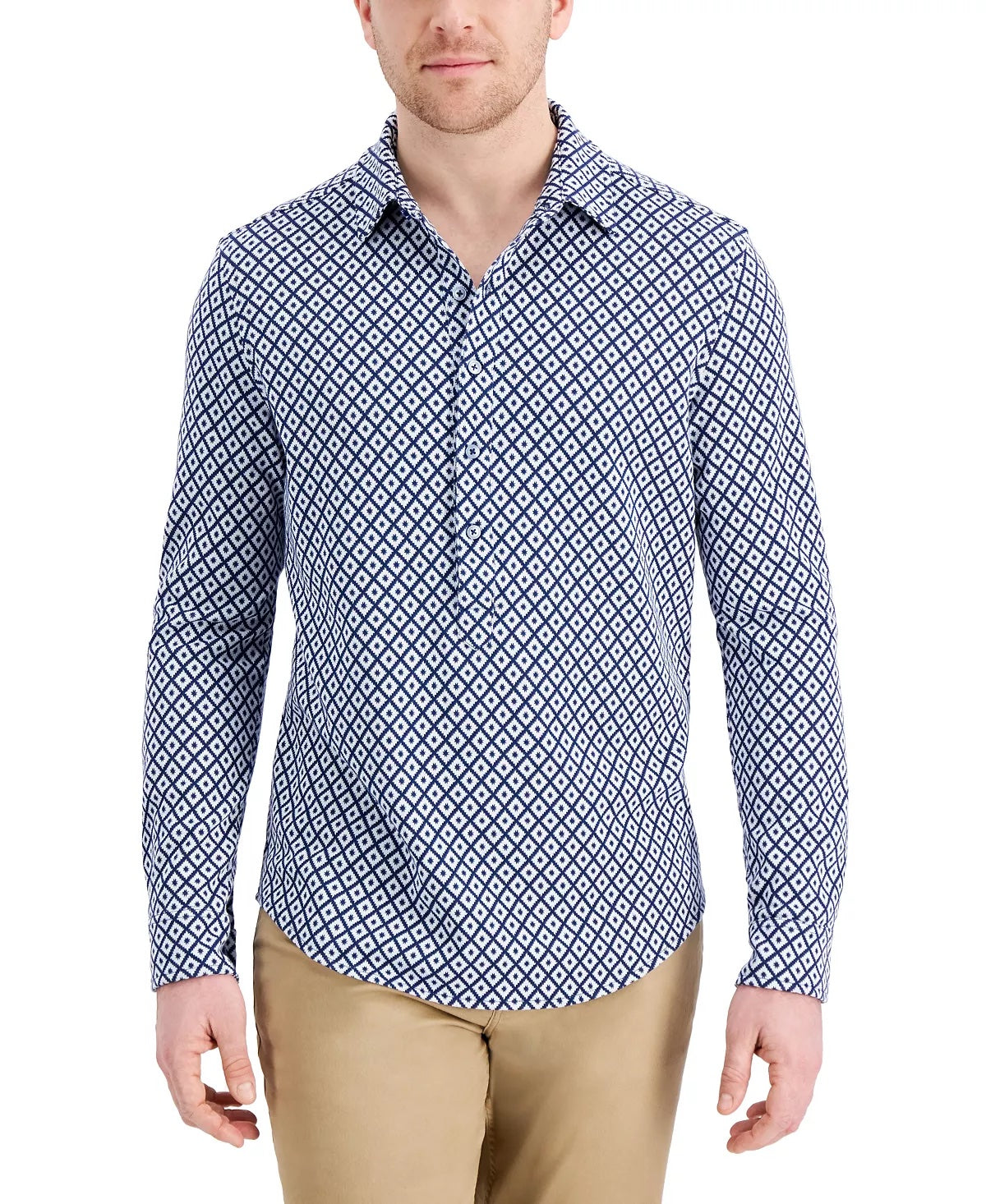 Tasso Elba Men's Long Sleeve Single Knit Shirt Navy Blue Combo XL