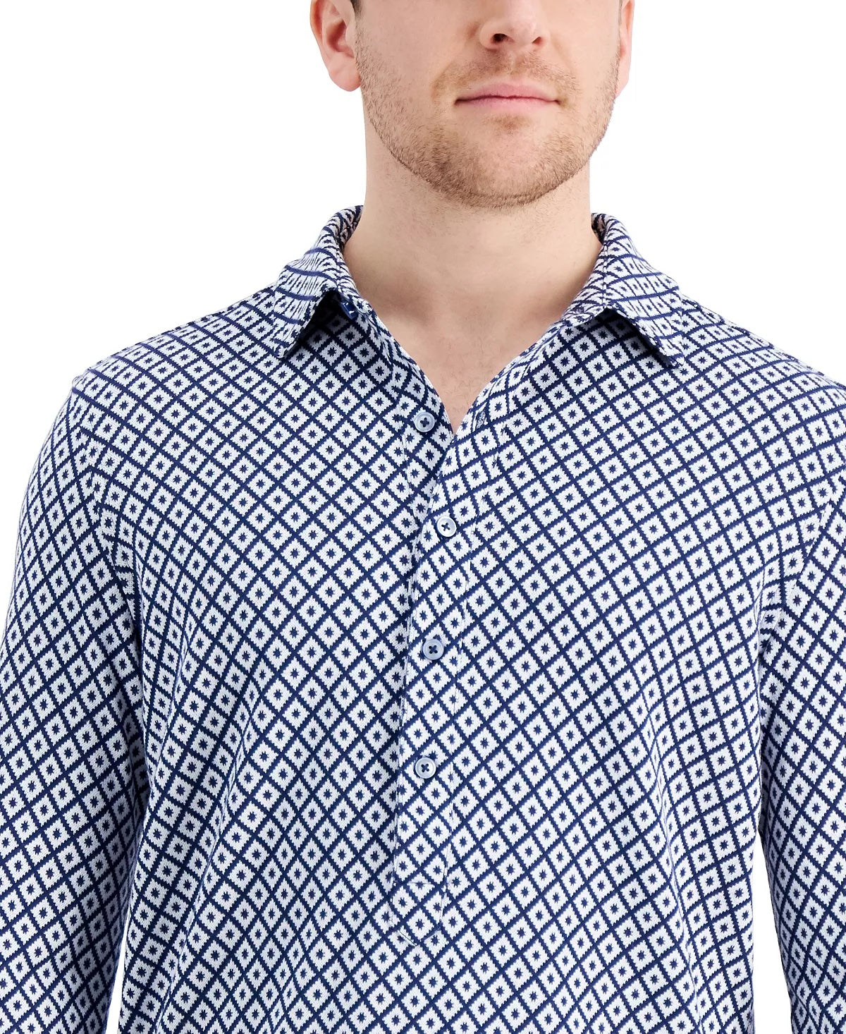 Tasso Elba Men's Long Sleeve Single Knit Shirt Navy Blue Combo Small