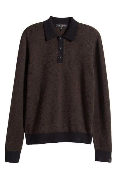 Rag & Bone Mens Harrow Long Sleeve Polo Shirt Large Brown Black