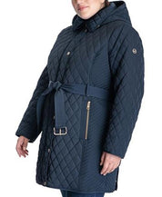 Michael Kors Women's Plus Size Hooded Belted Quilted Coat 2X Navy Blue