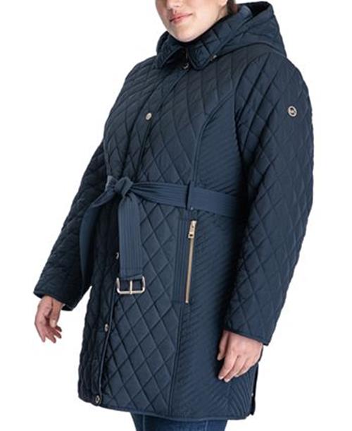 Michael Kors Women's Plus Size Hooded Belted Quilted Coat 2X Navy Blue